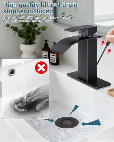 ORB Waterfall Bathroom Faucet Single Handle with Lift Rod Drain | Bathroom Sink Faucet,Stainless Steel,supply hoses Deck included,1 or 3 Hole,Fits home,RV,farmhouse bathrooms - color: A-Oil Rubbed Bronze, style: with Lift Rod Drain