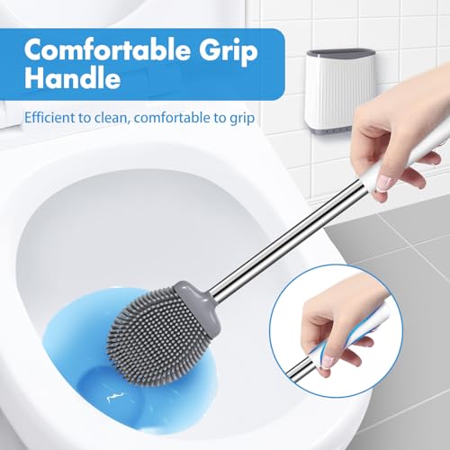 Silicone Toilet Brush and Holder, Flexible Bowl Brush Head with Ventilated Holder, Wall Mounted Compact Set for Bathroom Cleaning