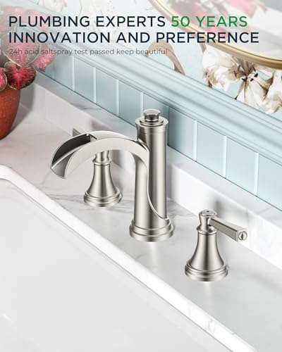 FORIOUS Brushed Nickel Bathroom Faucet Waterfall 3 Hole, 8 in Spread Faucet | Widespread Polished Nickel Faucet Bathroom 3 Hole for 4"-12" Sinks, Silver Bathroom Sink Faucet 3 Hole Vanity and Metal Drain - color: Brushed Silver