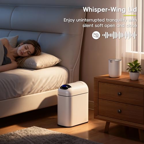 EKO Astro Slim Sensor Trash Can, 10L / 2.6 Gallon Touchless Garbage Bin with Soft-Close Retractable Wing Lid, Motion Sensor Stainless Steel Garbage Can for Bathroom, Kitchen, Office, Waterproof, White - size: Astro 10L-Matte White