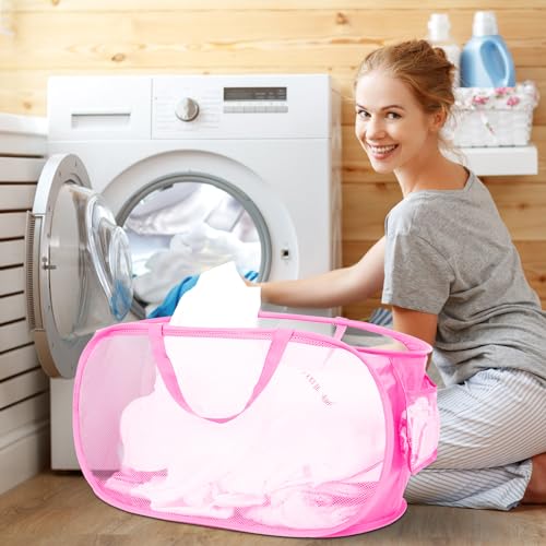 4 Pcs Durable Collapsible Laundry Baskets, Foldable Large Opening Pop Up Laundry Hamper with Pocket, Clothes Hamper with Handles for Laundry, Bathroom, Kids Room, Dorm or Travel Pink - color: 4 x Pink