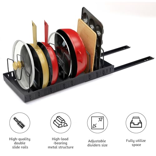 2 Pack Pull Out Pots and Pans Organizer Under Kitchen Cabinet | Pot Lid Organizer, Slide Out Cookware Storage Rack with 8 Adjustable Dividers, Pull Out Shelves for Dishware Seasoning, Black - size: 2 Pack