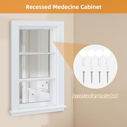 14 x 24 Recessed Medicine Cabinet, White Bathroom Wall Cabinet, 3-Tier Wall Niche with Mirror, for Bathroom Storage - color: White