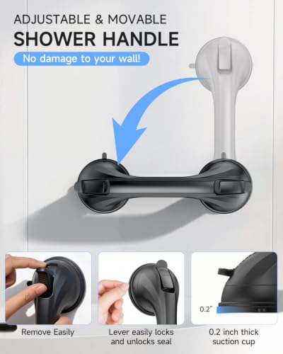 2 Pack Shower Grab Bar for Shower and Bathtubs, No Drilling, Black | Suction Shower Handle for Elderly, Suction Cup Removable Handrails Safety Grip, Heavy Duty, 12 inch - color: Black