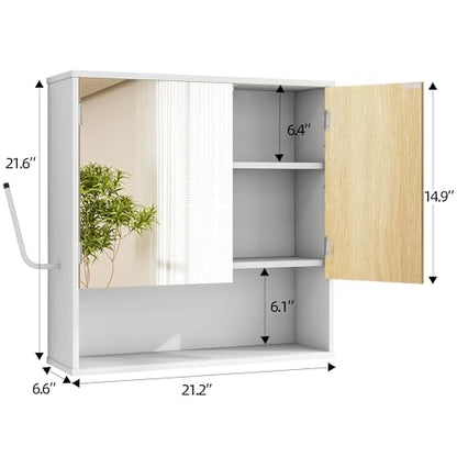Bathroom Cabinet with Mirror & LED, Wall Mounted Bathroom Cabinet,Side Hook | Magnetic mirror Door,Detachable magnetic Light ,Adjustable Shelves,Side Hook,Open Bottom Shelf,Wood Grain,Over Toilet Mount - color: White&wood