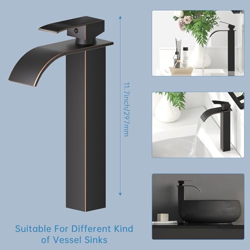 RUMOSE Tall Bathroom Faucet Vessel Sink Faucet with Drain, Bronze | Modern Single Handle One Hole Bathroom Faucet Waterfall Rv Lavatory Vanity Faucet Mixer Tap, Pop Up Drain, Stainless Steel - color: Oil Rubbed Bronze