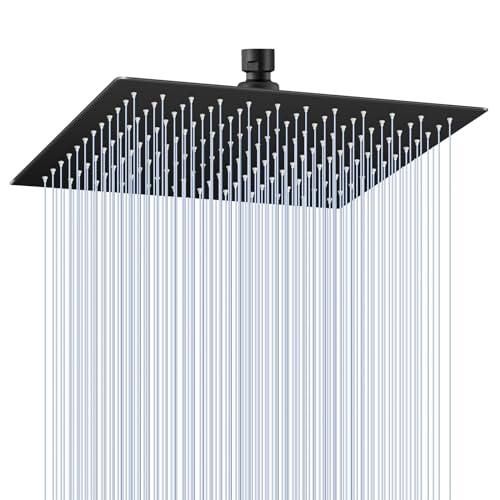 12 inch Matte Black Rain Shower Head - All Metal 304 Stainless Steel, Full Body Rainfall Shower with 144 Silicone Nozzles - Square Showerheads Ceiling or Wall Mount Modern Bathroom - color: B-Matte Black, size: 12 Inch Square