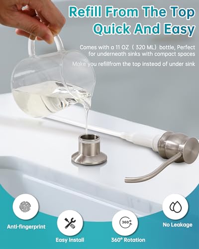 Built in Deck Mount Liquid Lotion Kitchen Countertop Metal Soap Dispenser, Brushed Nickel Brass Dispenser Pump with 500ml (17oz) High Capacity Bottle - color: Brushed Nicke, size: Without Hose