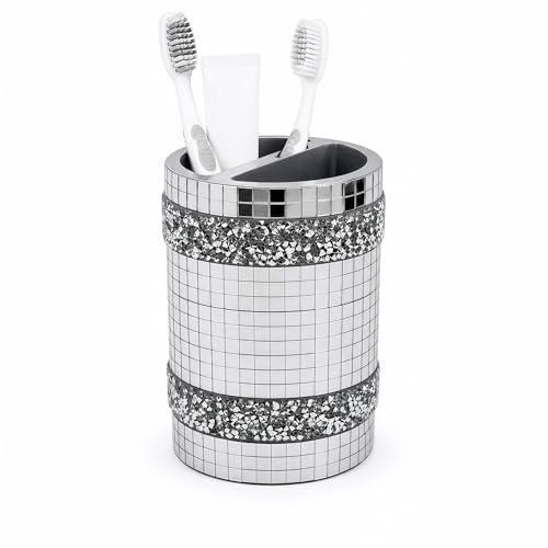 Silver Mirrored Mosaic Glass Toothbrush Holder | Multi-Functional Storage for Makeup Brushes，Razors，Eyebrow，Pencils, Decorative Bathroom Accessory - size: Toothbrush Holder