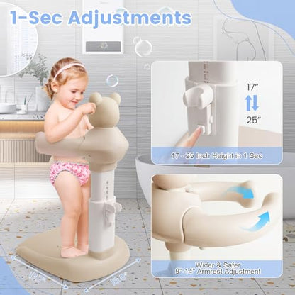 2-in-1 Adjustable Baby Shower Support Set Bear Design with Little Toy Duck | Bathroom Safety Standing Infant Shower Chair & Bather Station | Portable Non-Slip Bathing Stand for 6-48 Months - color: Caramel