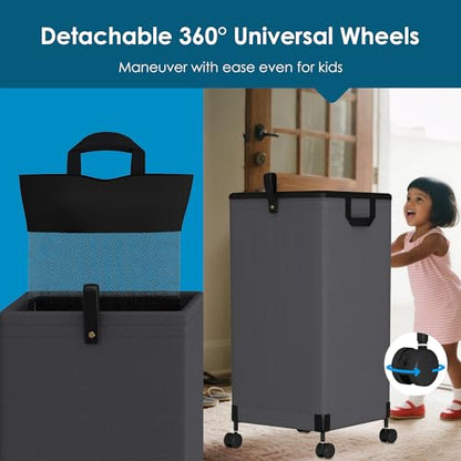 2Pcs Laundry Basket With Wheels 105L, Large Rolling Laundry Hamper With Removable Bag, Metal Frame Collapsible Dirty Clothes Bin, Cloth Organizer Hampers Pull Handle For Bathroom, Dorm, Bedroom Grey - color: Grey - 2 Pack