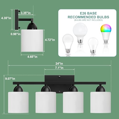 Black Bathroom Lighting Fixtures Over Mirror, 4-Light Anti-Rust Vanity Light for Bathroom, 24Inches Modern Wall Sconce, Standard E26 Base, Milky White Glass Shades, Bulbs Not Included - color: Black-4Light