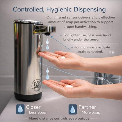 Touchless Soap Dispenser - Rechargeable Automatic Stainless Steel, 9oz Hands-Free Infrared Sensor for Bathrooms, Kitchens & Office(Chrome)