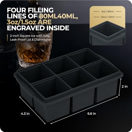 Large Ice Cube Trays for Whiskey, Silicone Ice Cube Tray, with Reinforced Steel Ring Top, Makes 12 perfect 2-in ice cubes, Square Ice Tray for Cocktails, Whiskey, Coffee. (2 Pack) - color: Gray