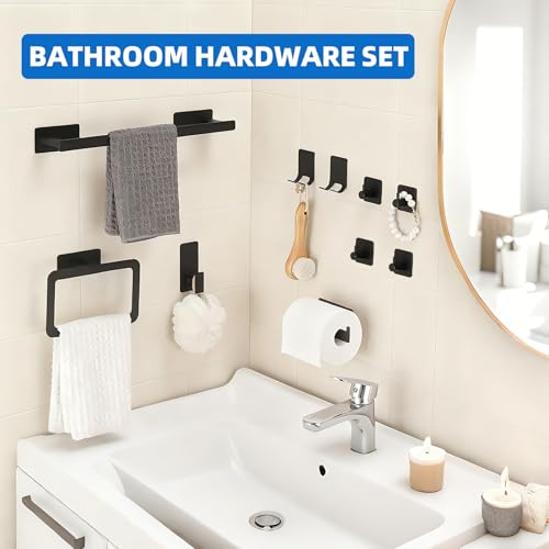 10 Pieces Stainless Steel Bathroom Towel Bar Set Self Adhesive | Matte Black Bathroom Hardware Set, Towel Rack for Bathroom, 16 inch Towel Bar, Robe Hooks, Toilet Paper Holder, Towel Ring