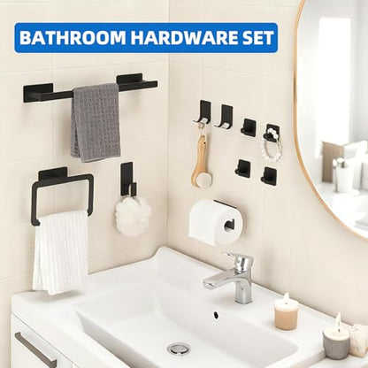 10 Pieces Stainless Steel Bathroom Towel Bar Set Self Adhesive | Matte Black Bathroom Hardware Set, Towel Rack for Bathroom, 16 inch Towel Bar, Robe Hooks, Toilet Paper Holder, Towel Ring