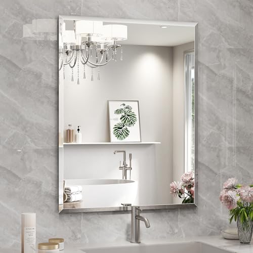 28"x36" Frameless Beveled Bathroom Mirrors for Vanity | Wall Mount Mirror for Bedroom Entryway Living Room Hangs Horizontally or Vertically - size: 36"L x 28"W