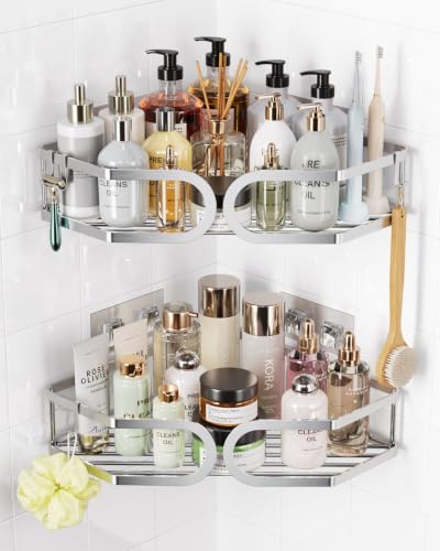Shower Corner Caddy No Drill Wall Mounted 304 Stainless Steel Durable Large Capacity Adhesive Shower Rack Organiser Quick Dry Rustproof Bathroom Storage Shelves - 2 Pack (Silver) - color: Coner Silver, size: 2 Pack