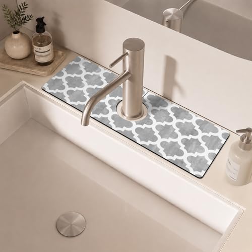 Modern Moroccan Grey Stripe Kitchen Sink Splash Guard Faucet Mat,Faucet Non-Slip Absorbent Mat,Farmhouse Sink Splash Guard Behind Faucet for Kitchen Bathroom, 15"x5.5" - color: Drying Faucet Mat 6