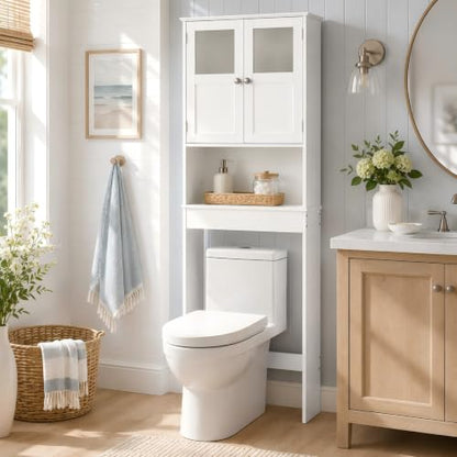 Bonnlo Over the Toilet Storage Cabinet with Adjustable Shelf White Bathroom Floor Organizer Space Saver with Double Doors, 67" Height