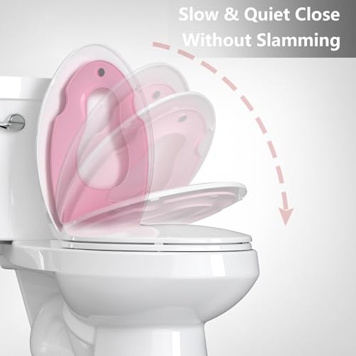 19" Elongated Toddler Toilet Seat, Built-In Potty Training Seat with Soft Quiet Close Non-Slip Design, Magnetic Kids Seat and Cover for Family Bathrooms, Durable and Easy to Clean,Pink - color: Pink, with Toddler Seat, size: Elongated (19″)