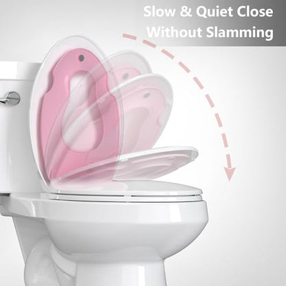 19" Elongated Toddler Toilet Seat, Built-In Potty Training Seat with Soft Quiet Close Non-Slip Design, Magnetic Kids Seat and Cover for Family Bathrooms, Durable and Easy to Clean,Pink - color: Pink, with Toddler Seat, size: Elongated (19″)
