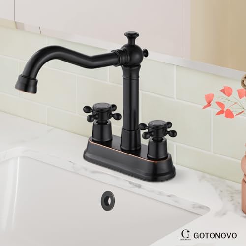 gotonovo 4 Inch Centerset Bathroom Faucet 2 Cross Handles Deck Mount 2 Hole Lavatory Vanity Utility Mixer Tap with Water Supply Hoses and Pop Up Drain RV Farmhouse, Oil Rubbed Bronze - color: Oil Rubbed Bronze
