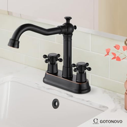 gotonovo 4 Inch Centerset Bathroom Faucet 2 Cross Handles Deck Mount 2 Hole Lavatory Vanity Utility Mixer Tap with Water Supply Hoses and Pop Up Drain RV Farmhouse, Oil Rubbed Bronze - color: Oil Rubbed Bronze