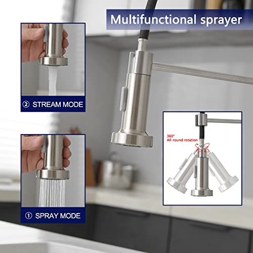 VOTON Kitchen Faucets with Pull Out Sprayer Commercial Spring Sink Faucet Stainless Steel Brushed Nickel Pull Down Single Handle Farmhouse faucets with Deck Plate for Camper Laundry Utility Rv Wet Bar - color: Brushed Nickel