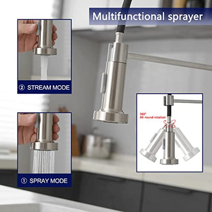 VOTON Kitchen Faucets with Pull Out Sprayer Commercial Spring Sink Faucet Stainless Steel Brushed Nickel Pull Down Single Handle Farmhouse faucets with Deck Plate for Camper Laundry Utility Rv Wet Bar - color: Brushed Nickel