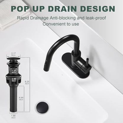 Black Bathroom Sink Faucet with Pull Down Sprayer | 2 Mode Sprayer, with Deck Plate for 1 or 3 Hole, 360° Swivel, with Pop Up Drain for Vanity Bar RV Basin Laundry - color: Matte Black