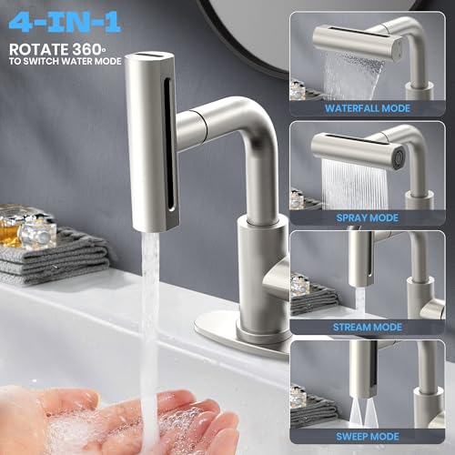 Brushed Nickel Bathroom Faucet with Sprayer - Brushed Nickel Bathroom Faucets for Sink 1 Hole or 3 Holes, 4 Mode Single Handle Vanity Faucet Waterfall Bathroom Faucet with Pull Down Sprayer (No Drain) - color: Brushed Nickel