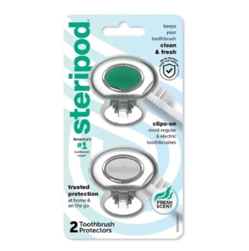 Steripod Clip-on Toothbrush Protector, Green/Silver, 2 Count (Pack of 12) - color: Clear Blue and Clear Green, size: 2 Count (Pack of 12)