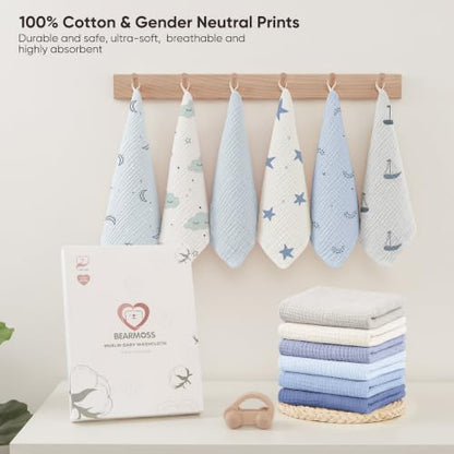 Bearmoss 12 Pack Baby Muslin Washcloths, 100% Cotton 10"x10" Face Towels | Soft Absorbent Bath Wash Cloths and Burp Cloths for Newborn Infants Kids Girls & Boys (Blue Gray) - color: Blue