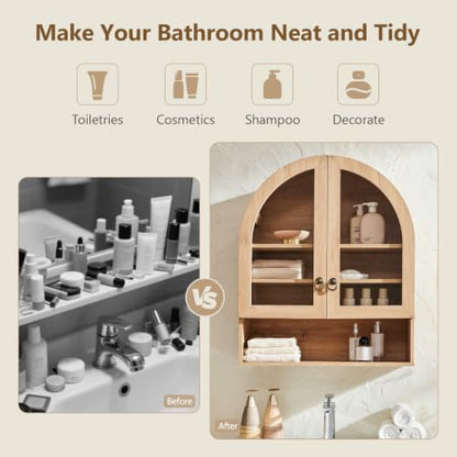 IFGET Bathroom Arched Wall Cabinet, 23.6'' Wide Medicine Cabinet with Adjustable Shelves & Glass Doors, Over The Toilet Storage Wall Mount Cabinet for Laundry Room, Kitchen & Living Room, Natural Oak - color: Natural Oak