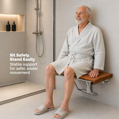 Teak Folding Shower Bench – ADA Compliant Fold Up Shower Chair for Elderly and Disabled, Wall Mounted Folding Seat, 400 lb Capacity Foldable Teak Wood Bath Bench, Stainless Steel Hardware - 24 Inches - size: 24 Inches