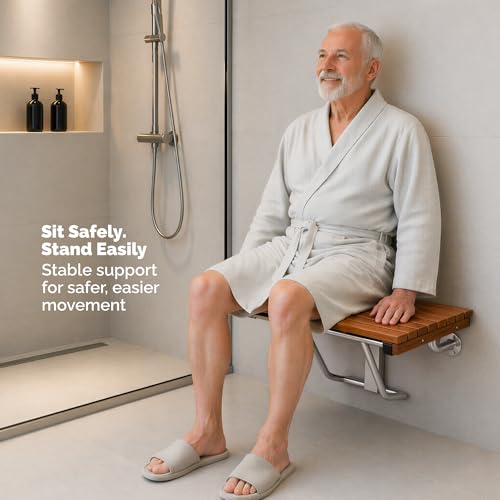Teak Folding Shower Bench – ADA Compliant Fold Up Shower Chair for Elderly and Disabled, Wall Mounted Folding Seat, 400 lb Capacity Foldable Teak Wood Bath Bench, Stainless Steel Hardware - 18 Inches - size: 18 Inches