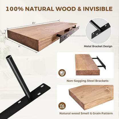 Solid Wood Floating Shelves, 24 Inch Wall Shelves, Set of 2, Oak | 8 Inch Deep, 1.6 Inch Thick, Extra-Wide Display Space, Mounting Hardware Included, For Kitchen, Bathroom and Living Room - color: Oak, size: 24x8x1.6