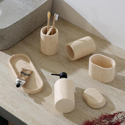 Bathroom Accessories Set, Travertine Stone Look, 5 PCS, Yellow | Modern, Bathroom Set with 13.53 OZ Soap Dispenser, Toothbrush Holder, Tumbler, Vanity Tray, Cotton Swab Jar for Countertop - color: Yellow 5 Pcs