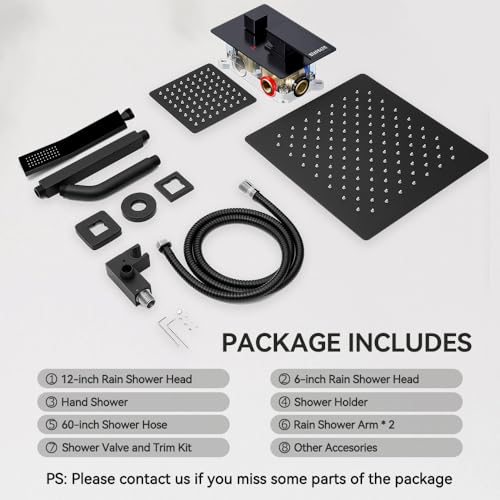 Shower System Shower Faucet Set, STARBATH 12"+6" Ceiling Mount Rain Shower Head and Handheld Spray for Two Person, Rainfall Shower System with Diverter Valve and Trim Kit Complete，Matte Black - color: Matte Black, size: 12"+6"-2