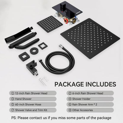Shower System Shower Faucet Set, STARBATH 12"+6" Ceiling Mount Rain Shower Head and Handheld Spray for Two Person, Rainfall Shower System with Diverter Valve and Trim Kit Complete，Matte Black - color: Matte Black, size: 12"+6"-2