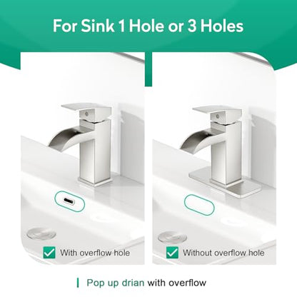 CREA Waterfall Bathroom Faucet 1 Hole Single Handle Brushed Nickel Bathroom Sink Faucet with Drain/ 3 Hole Deck Plate Stainless Steel Vanity Basin Mixer Tap(cUPC Hot Cold Water Supply Line) - color: Brushed Nichel, style: Open Waterfall