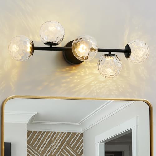 LED Bathroom Vanity Light Fixtures,Modern Black Makeup Bathroom Lighting | 5 Lights Hammered Clear Globe Glass Wall Sconce,Dimmable Mid Century Modern Bubble Glass Bathroom Vanity Lights over Mirror - color: Black Hammered Glass, size: Integrated LED