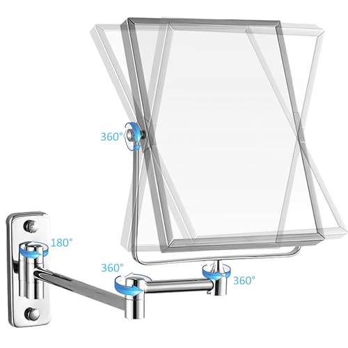 QiMH 3X Magnifying Wall Mounted Vanity Makeup Mirror | Rectangular 8x6 Inch with Extendable Arm | Polished Chrome Finish Double-Sided Swivel Mirror