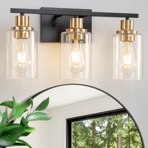 3 Light Bathroom Wall Light Fixture Vanity Wall Lights Over Mirror | Wall Sconce Lighting with Clear Glass Shades, Modern Wall Lights Wall Lamp for Mirror, Hallway Kitchen Bedroom Cabinet - color: Black Gold