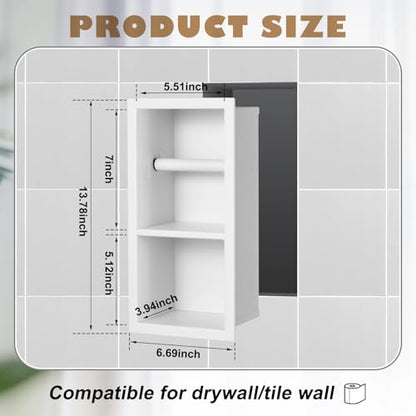 Recessed Toilet Paper Holder 304 Stainless Steel Tissue Paper Holder Bathroom Storage in Wall Tissue Toilet Roll Wall Space Saving Restroom Napkin Frame, White