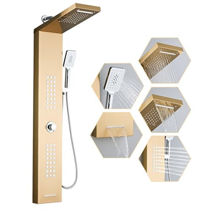 Shower Panel Tower System,Rain Shower Head Rainfall | Waterfall Shower,Handheld High Pressure Rain Massage System(Lengthened Gold) - color: Gold, style: Upgrade and lengthen