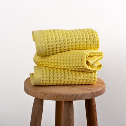 PÜSKÜL Natural 100% Turkish Cotton Waffle Kitchen Towels Set of 3 | Oeko-Tex, Premium Waffle Hand Towels for Bathroom | Soft Absorbent Quick-Dry Lint-Free Dish Towel Large 32x16 inch (3, Light Yellow) - color: Light Yellow