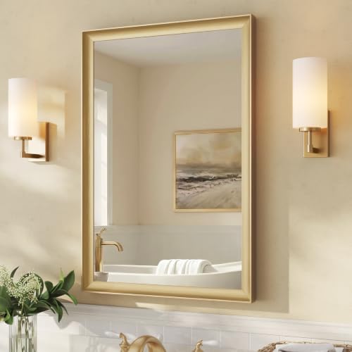 USHOWER Brushed Gold Bathroom Mirrors for Over Sink 24x36 Inch, Aluminum Framed Rectangle Vanity Mirror for Wall, Bedroom, Living Room, Entryway, Anti-Rust, HD Tempered Glass, Horizontal/Vertical - color: Brushed Gold, size: 36"L x 24"W