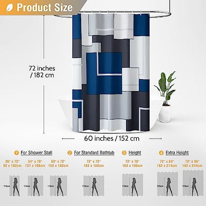 60x72 Modern Geometric Waterproof Fabric Shower Curtain Set, Navy Blue | Narrow Long, Premium Polyester, Weighted Hem, 10 Plastic Hook, Vibrant Color, Wrinkle-resistant, Quick-Dry, Machine Washable - color: Navy Blue, size: 60"W x 72"L (Pack of 1)